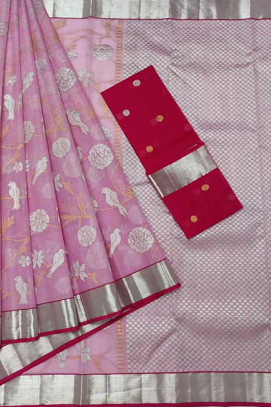 Exquisite Pink Handloom Kota Doria Saree with Real Zari Detailing - Luxurion World