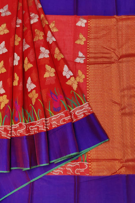 Stunning Orange Kota Doria Zari Saree - Handloom Perfection - Luxurion World