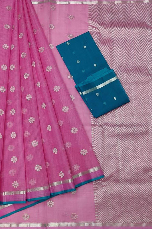 Radiant Pink Handloom Kota Doria Saree with Zari Embellishments - Luxurion World