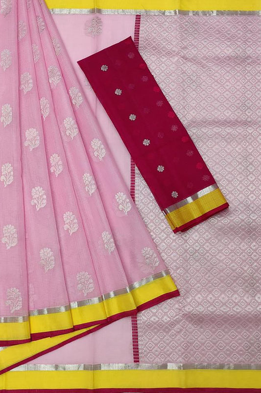 Stunning Pink Handloom Kota Doria Zari Saree - Perfect for Any Occasion