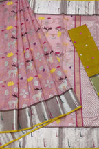 Stunning Pink & Yellow Handloom Kota Doria Zari Saree - Luxurion World