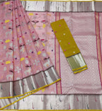 Stunning Pink & Yellow Handloom Kota Doria Zari Saree - Luxurion World
