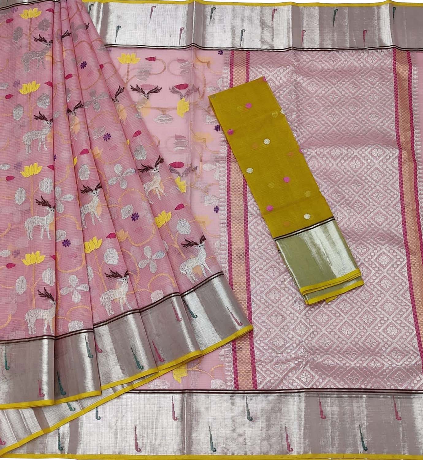 Stunning Pink & Yellow Handloom Kota Doria Zari Saree - Luxurion World