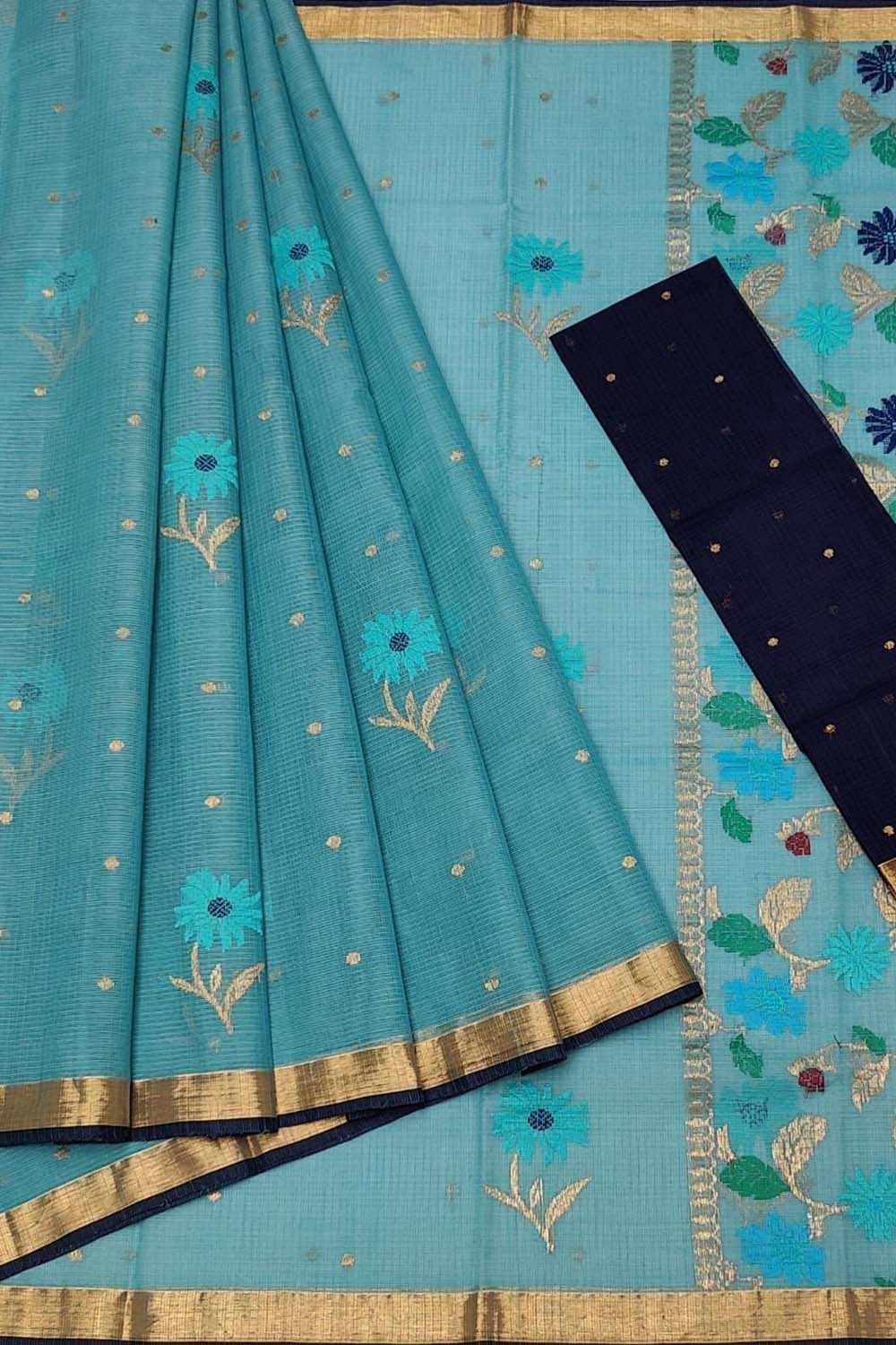 Blue Handloom Kota Doria Real Zari Saree - Elegant and Timeless - Luxurion World