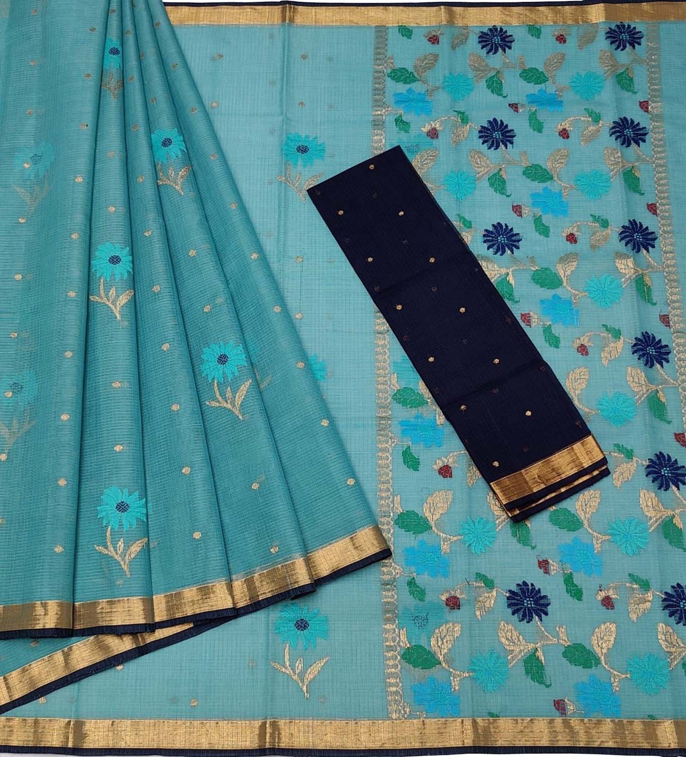 Blue Handloom Kota Doria Real Zari Saree - Elegant and Timeless - Luxurion World