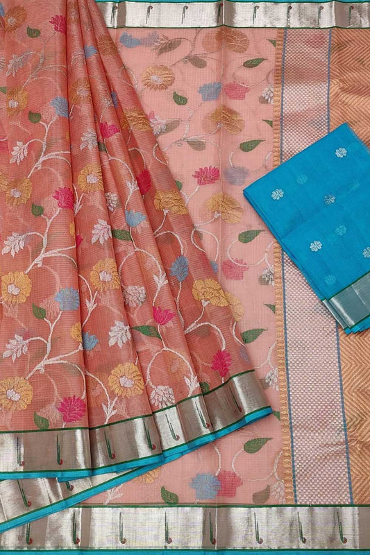Elegant Pink & Blue Handloom Kota Doria Saree - Luxurion World
