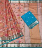 Elegant Pink & Blue Handloom Kota Doria Saree - Luxurion World