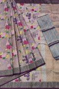 Elegant Purple & Grey Zari Saree: Handloom Kota Doria - Luxurion World