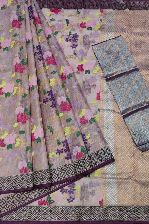Elegant Purple & Grey Zari Saree: Handloom Kota Doria - Luxurion World