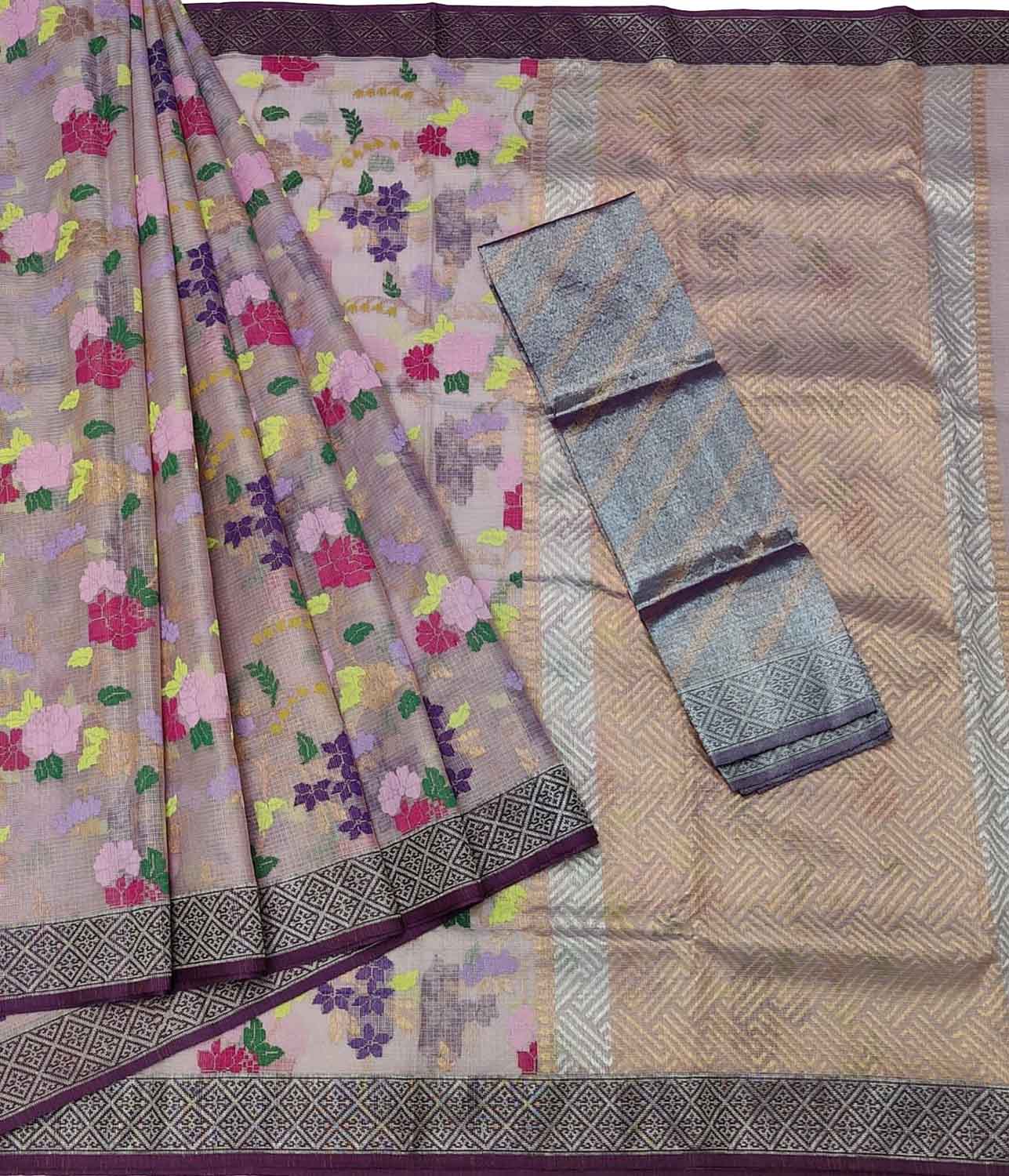 Elegant Purple & Grey Zari Saree: Handloom Kota Doria - Luxurion World