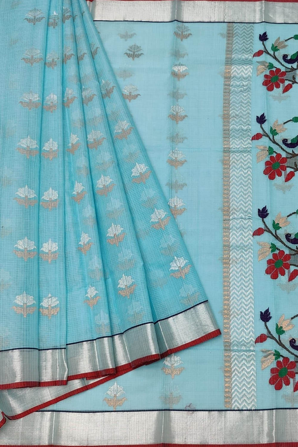Blue Handloom Kota Doria Saree with Real Zari - Luxurion World