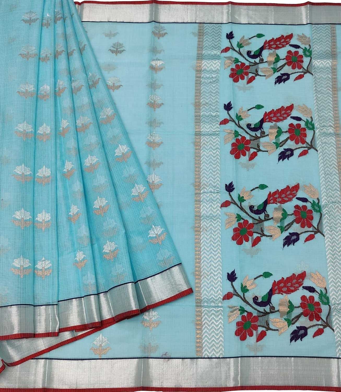 Blue Handloom Kota Doria Saree with Real Zari - Luxurion World