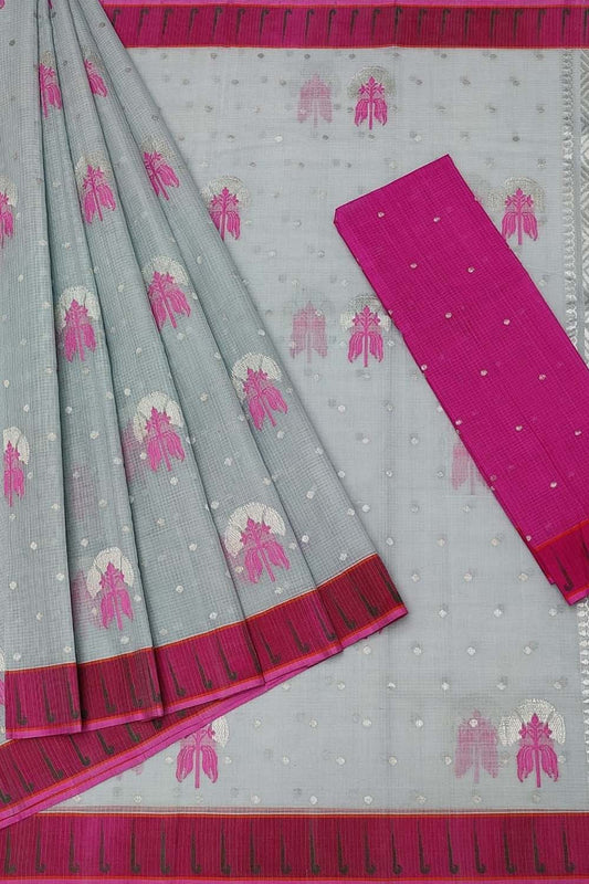 Elegant Grey & Pink Handloom Kota Doria Saree