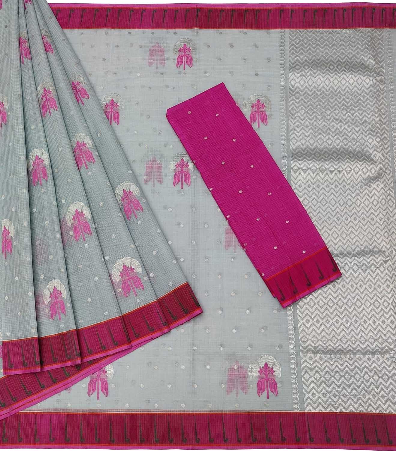 Elegant Grey & Pink Handloom Kota Doria Saree - Luxurion World