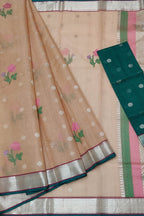 Orange & Green Handloom Kota Doria Zari Saree - Luxurion World
