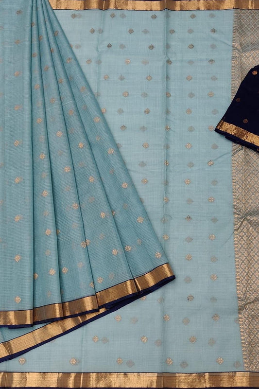 Blue & Black Handloom Kota Doria Zari Saree - Luxurion World