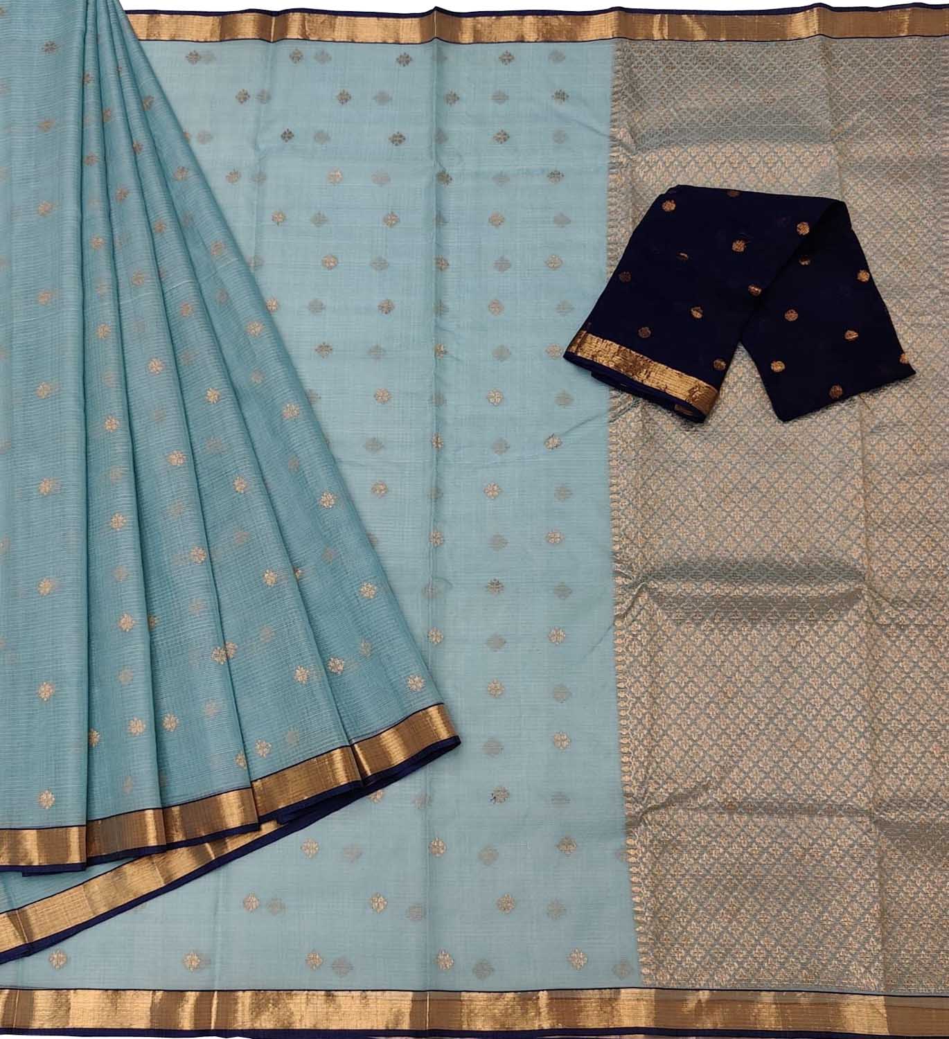 Blue & Black Handloom Kota Doria Zari Saree - Luxurion World