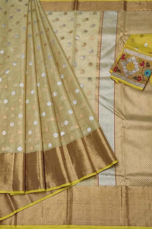 Exquisite Golden Handloom Kota Doria Zari Saree - Luxurion World