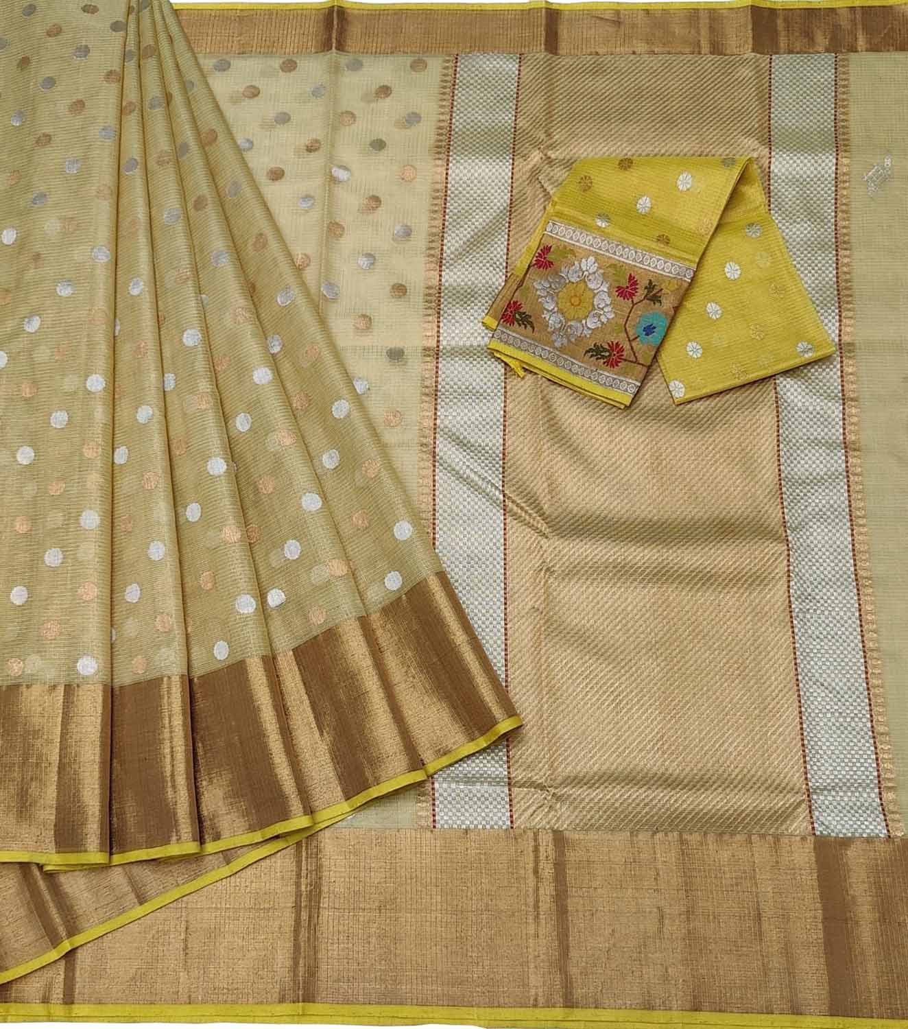 Exquisite Golden Handloom Kota Doria Zari Saree - Luxurion World