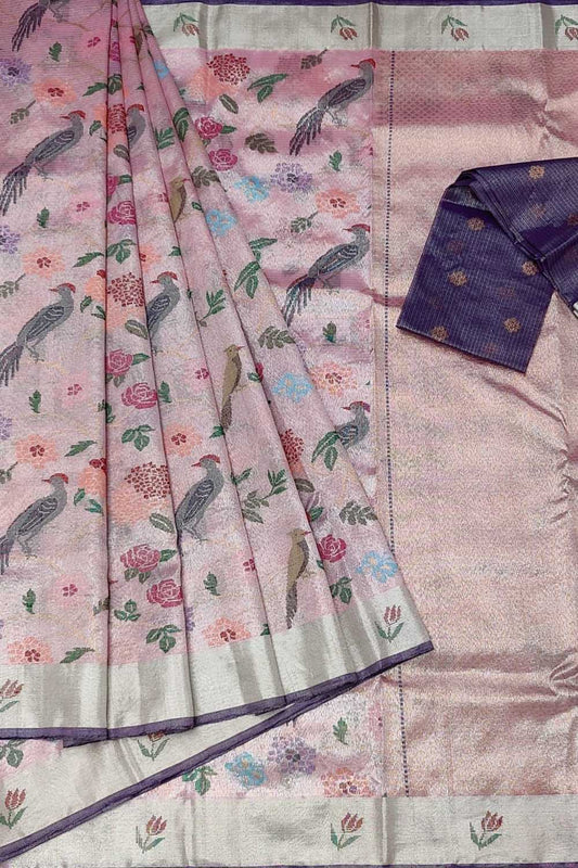 Pink & Purple Handloom Kota Doria Zari Saree - Luxurion World