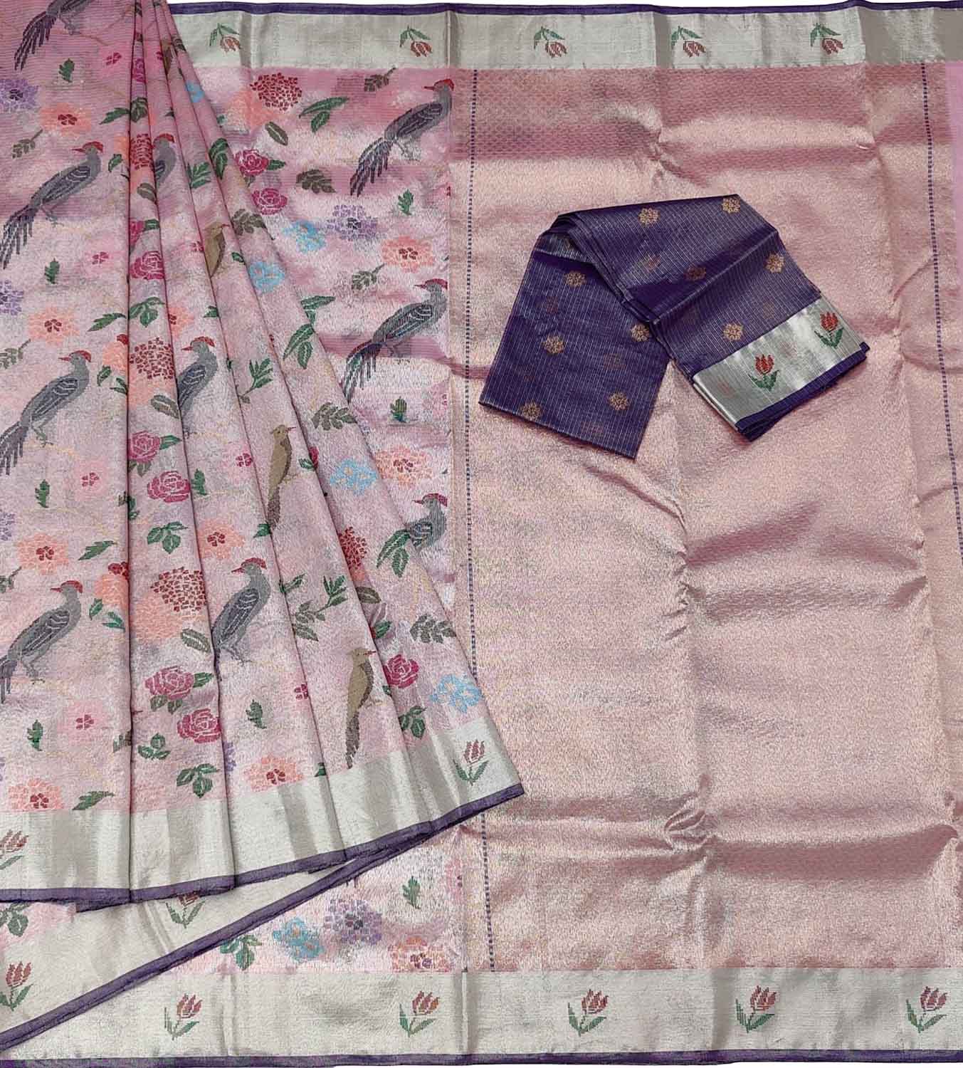 Pink & Purple Handloom Kota Doria Zari Saree - Luxurion World