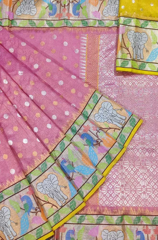 Pink Handloom Tissue Paithani Kota Doria Real Zari Figure Design Saree - Luxurion World