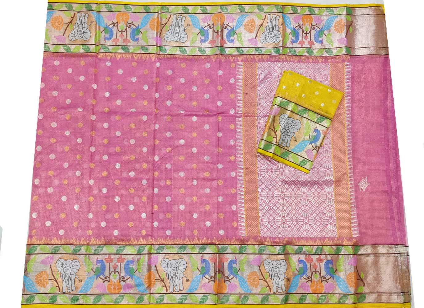 Pink Handloom Tissue Paithani Kota Doria Real Zari Figure Design Saree - Luxurion World