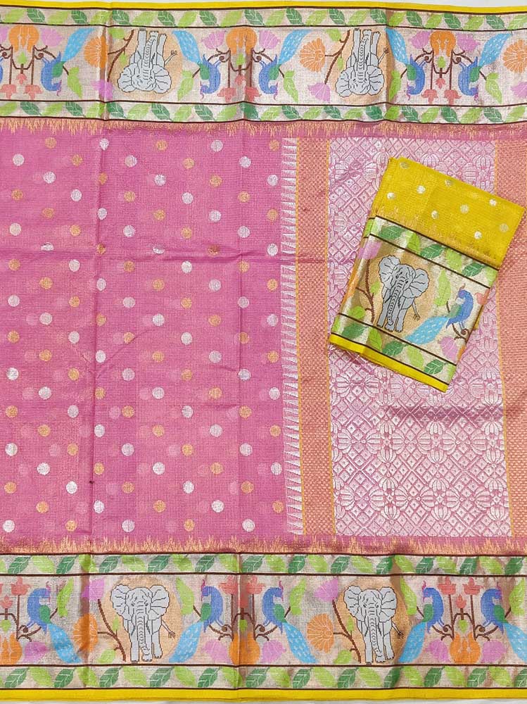 Pink Handloom Tissue Paithani Kota Doria Real Zari Figure Design Saree - Luxurion World