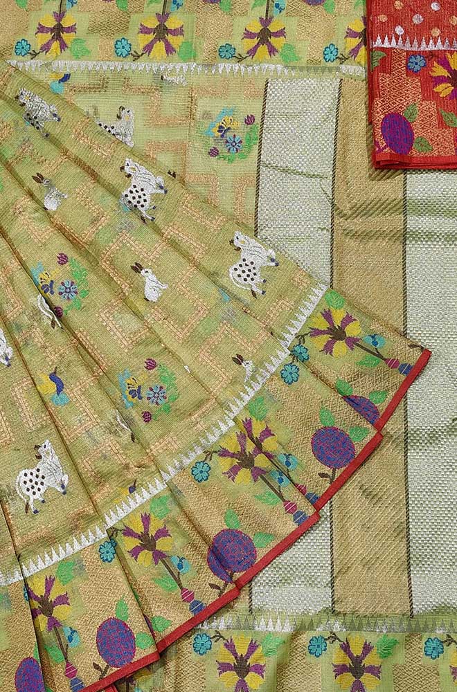 Golden Handloom Tissue Paithani Kota Doria Real Zari Figure Design Saree - Luxurion World