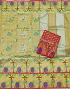 Golden Handloom Tissue Paithani Kota Doria Real Zari Figure Design Saree - Luxurion World