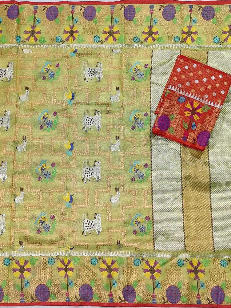 Golden Handloom Tissue Paithani Kota Doria Real Zari Figure Design Saree - Luxurion World