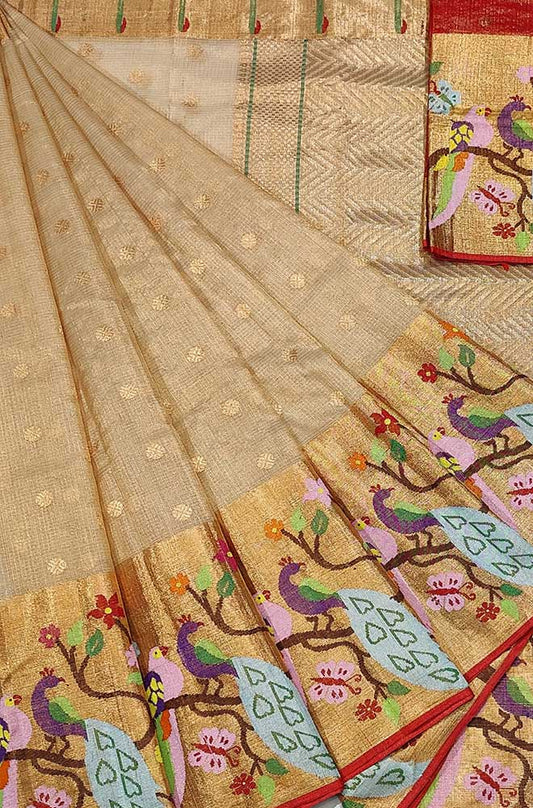 Golden Handloom Tissue Paithani Kota Doria Real Zari Peacock Design Saree - Luxurion World