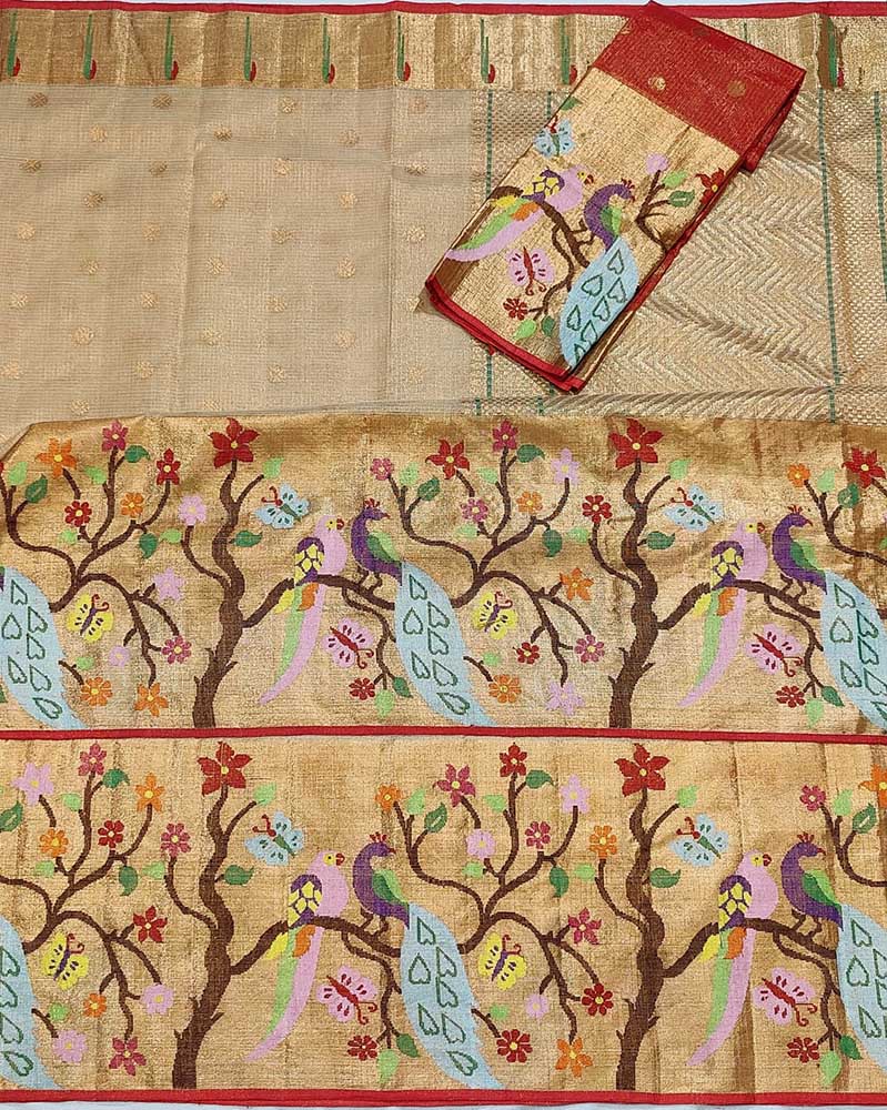 Golden Handloom Tissue Paithani Kota Doria Real Zari Peacock Design Saree - Luxurion World