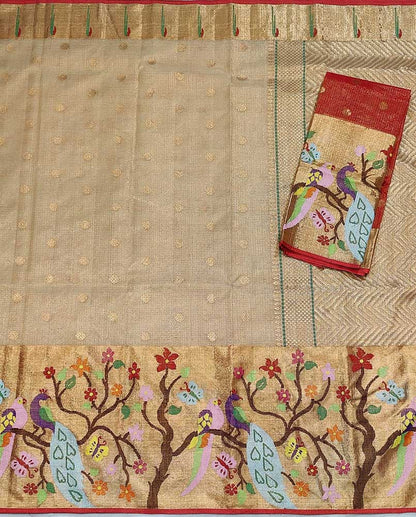 Golden Handloom Tissue Paithani Kota Doria Real Zari Peacock Design Saree