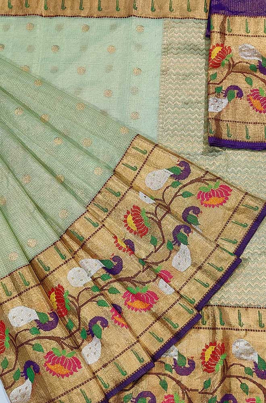 Green Handloom Tissue Paithani Kota Doria Real Zari Saree - Luxurion World