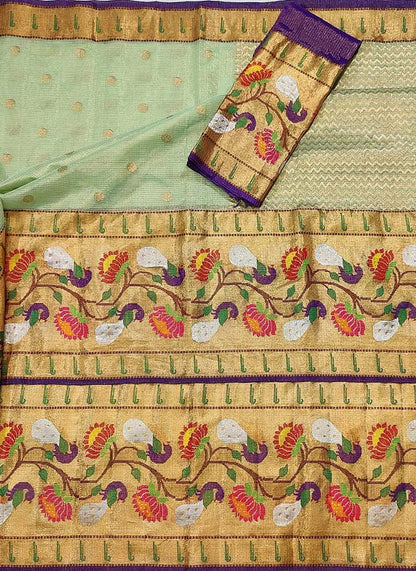 Green Handloom Tissue Paithani Kota Doria Real Zari Saree - Luxurion World