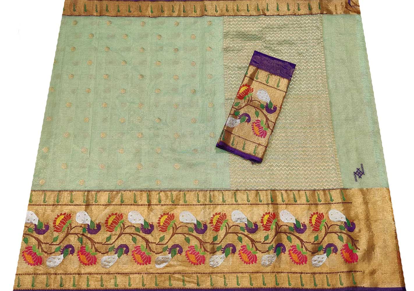 Green Handloom Tissue Paithani Kota Doria Real Zari Saree - Luxurion World