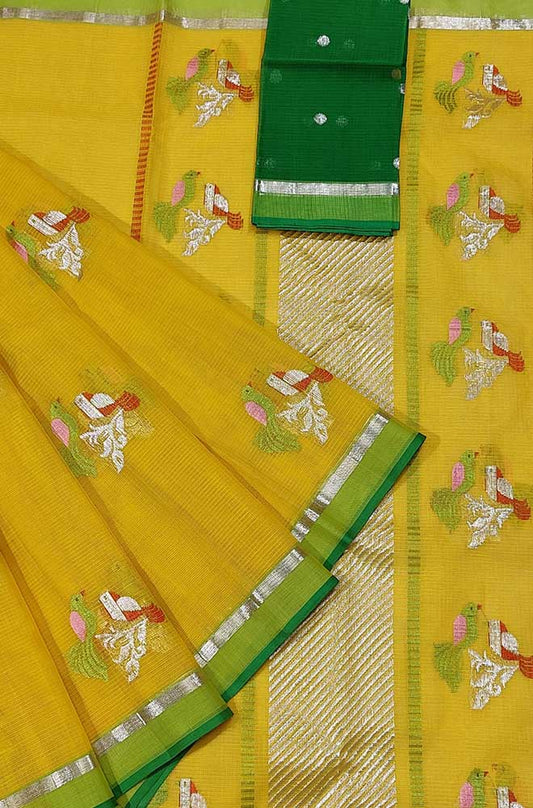 Yellow Handloom Kota Doria Real Zari Bird Deasign Saree - Luxurion World