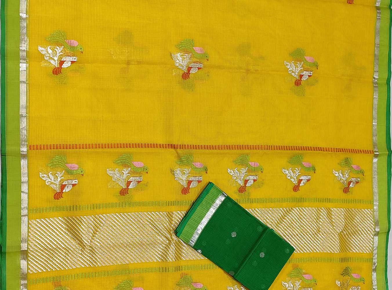 Yellow Handloom Kota Doria Real Zari Bird Deasign Saree - Luxurion World