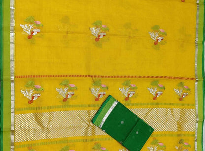 Yellow Handloom Kota Doria Real Zari Bird Deasign Saree - Luxurion World