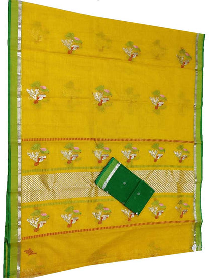 Yellow Handloom Kota Doria Real Zari Bird Deasign Saree - Luxurion World