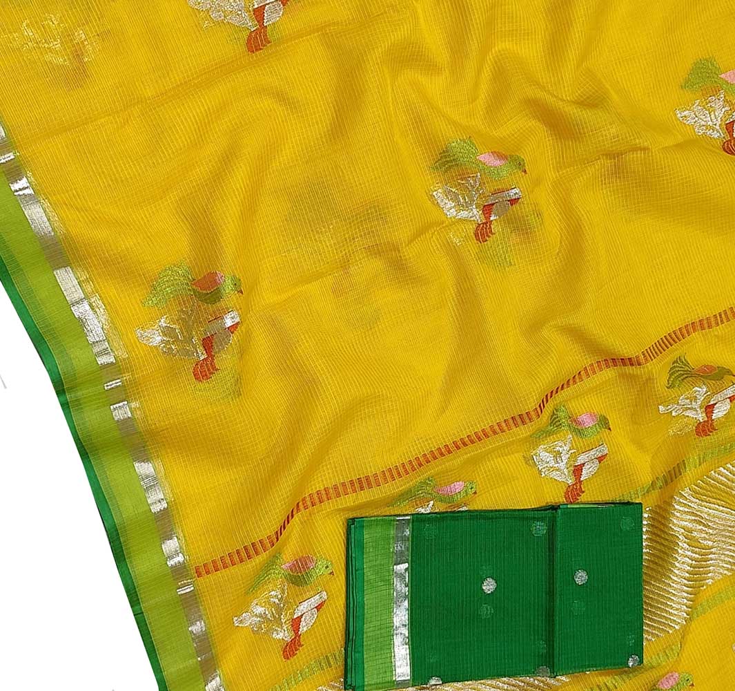 Yellow Handloom Kota Doria Real Zari Bird Deasign Saree - Luxurion World