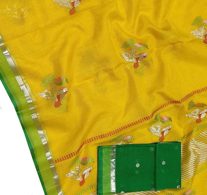 Yellow Handloom Kota Doria Real Zari Bird Deasign Saree - Luxurion World