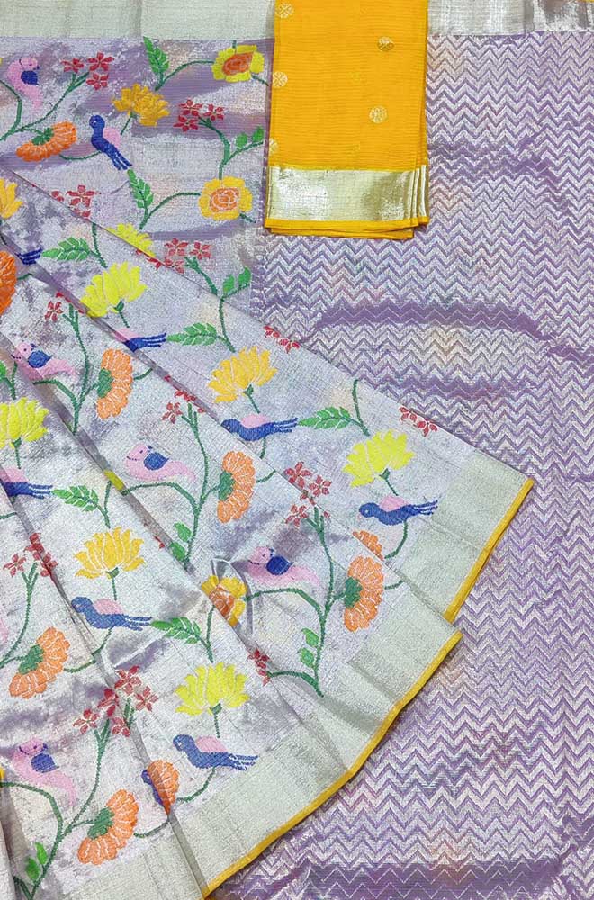 Purple Handloom Kota Doria Tissue Silk Real Zari Bird And Floral Design Saree - Luxurion World