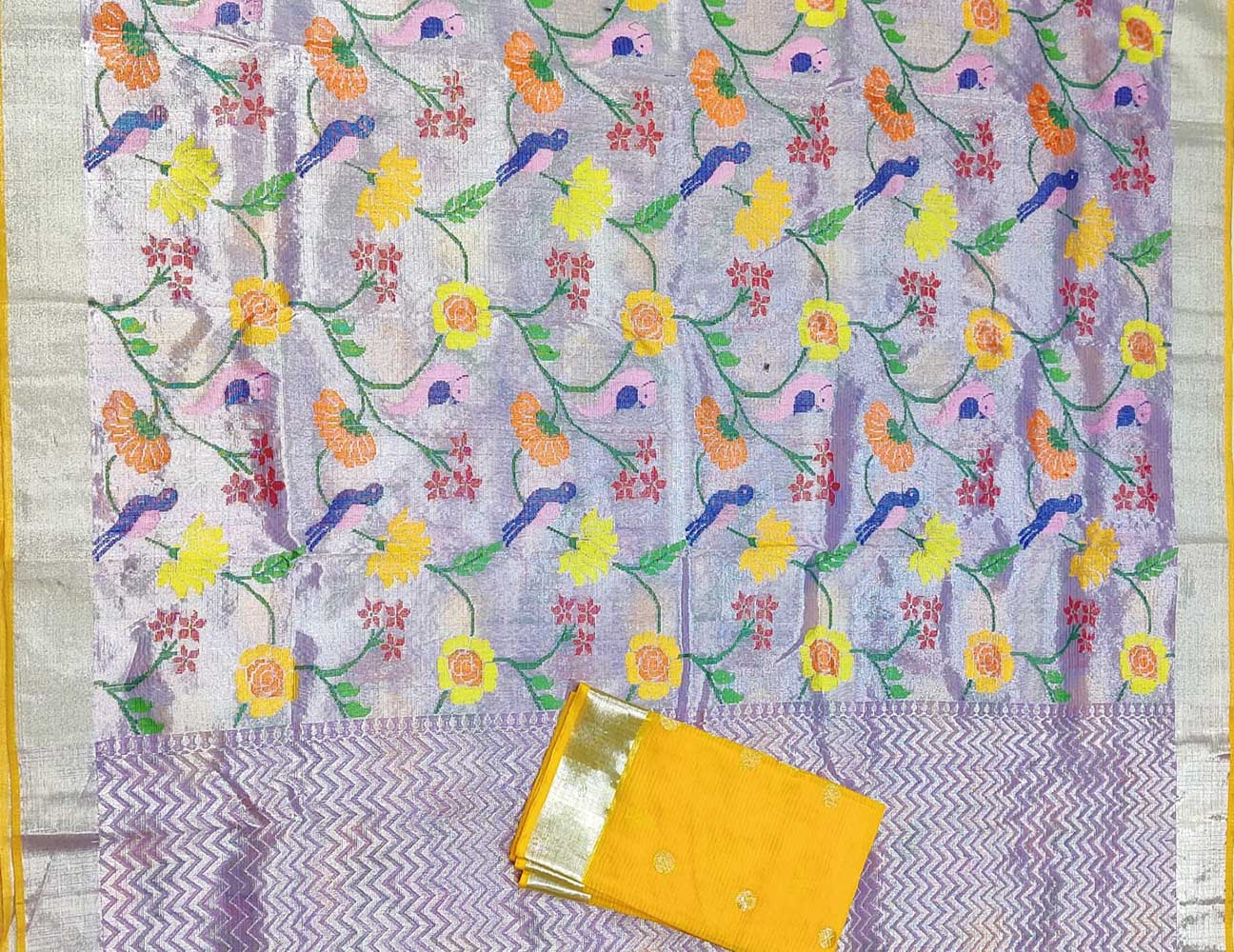 Purple Handloom Kota Doria Tissue Silk Real Zari Bird And Floral Design Saree - Luxurion World
