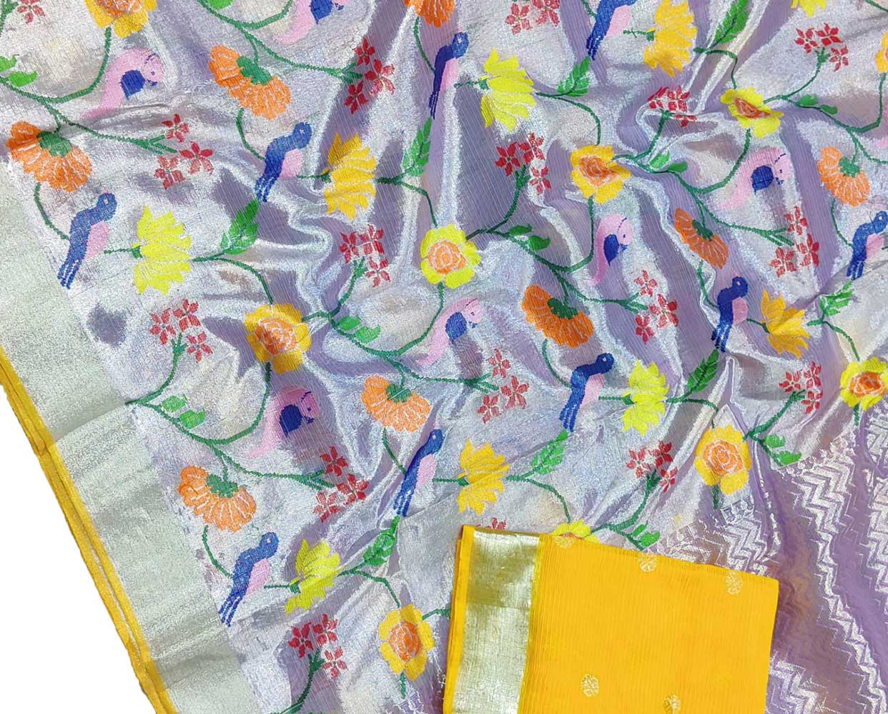 Purple Handloom Kota Doria Tissue Silk Real Zari Bird And Floral Design Saree - Luxurion World