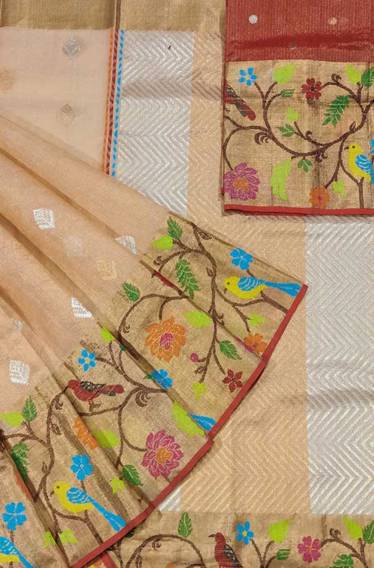 Pastel Handloom Kota Doria Tissue Silk Real Zari Bird And Floral Design Saree - Luxurion World
