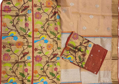 Pastel Handloom Kota Doria Tissue Silk Real Zari Bird And Floral Design Saree - Luxurion World