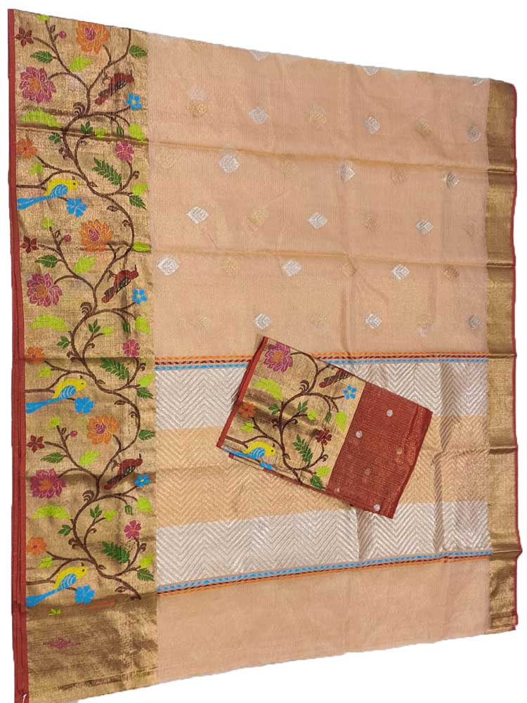 Pastel Handloom Kota Doria Tissue Silk Real Zari Bird And Floral Design Saree - Luxurion World