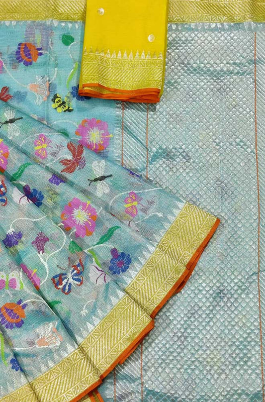Blue Handloom Kota Doria Tissue Silk Real Zari Bird Design Saree